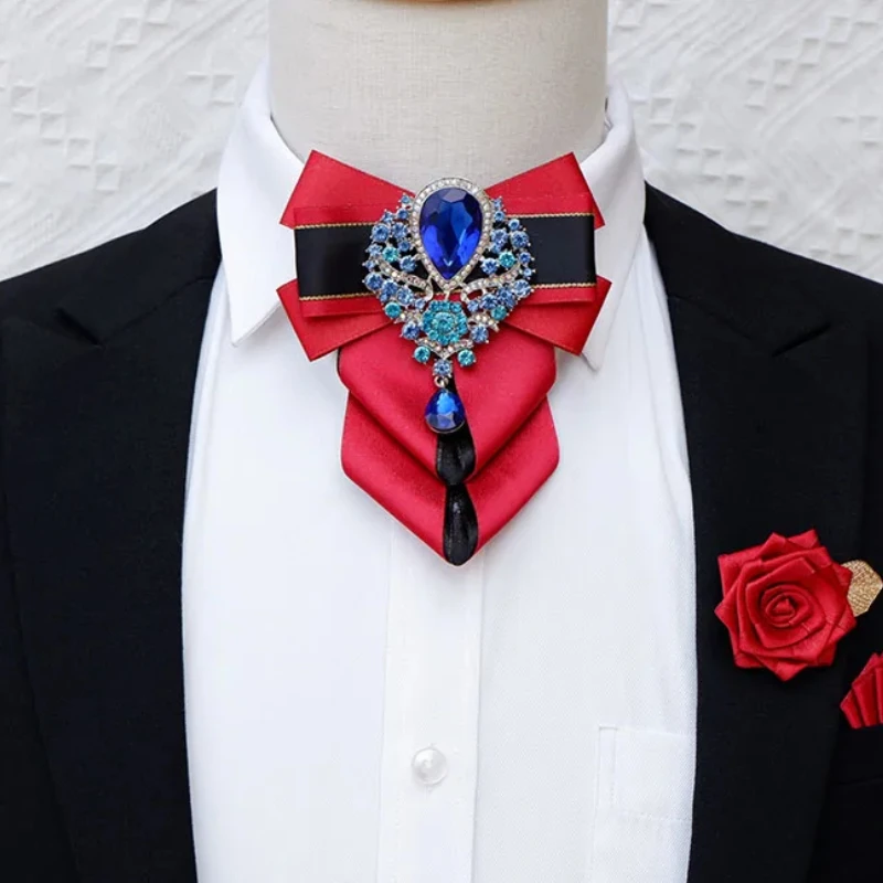 

Original High-end Jewelry Bow Ties Set Luxury Rhinestone Pins Men's Business Party Wedding Collar Flower Pocket Brooch 3 Pcs Set