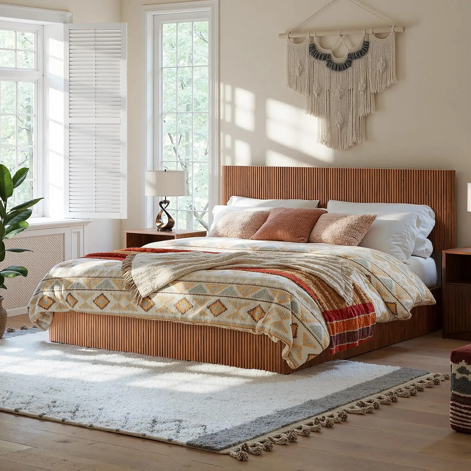 Lift-Up Storage Bed Frame Fluted Headboard Walnut Wood Bedroom Furniture, Customized