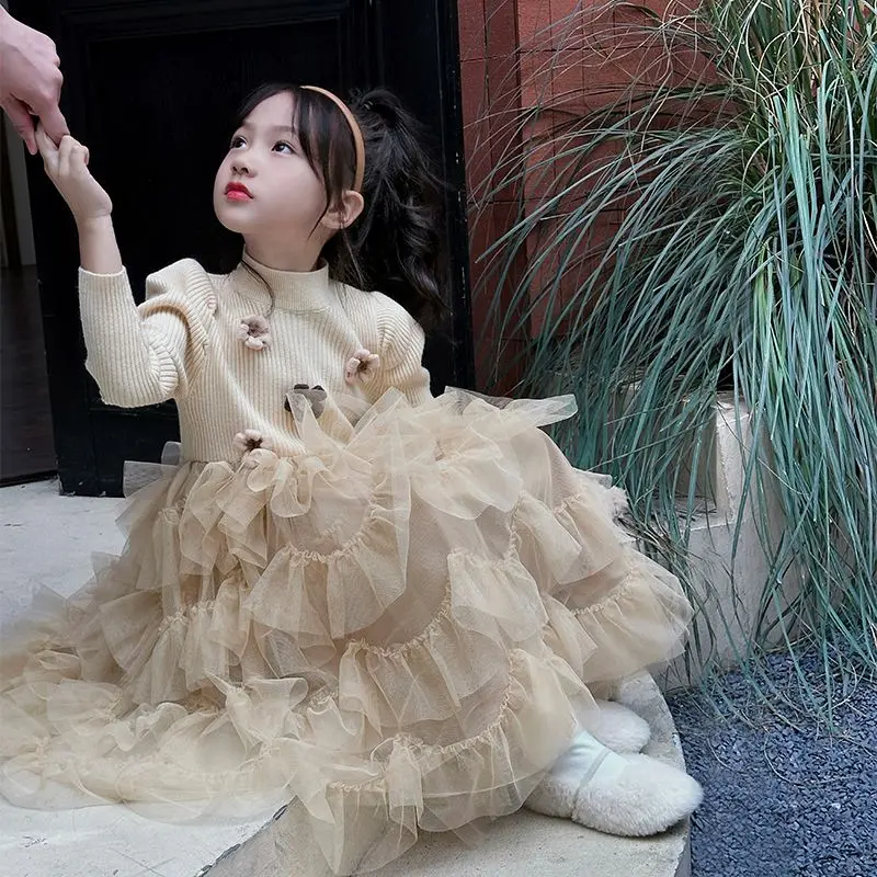 

Baby Girls Dress Fashion Knitted Spliced Mesh Dress Flower 2024 Autumn New High End Princess Dress