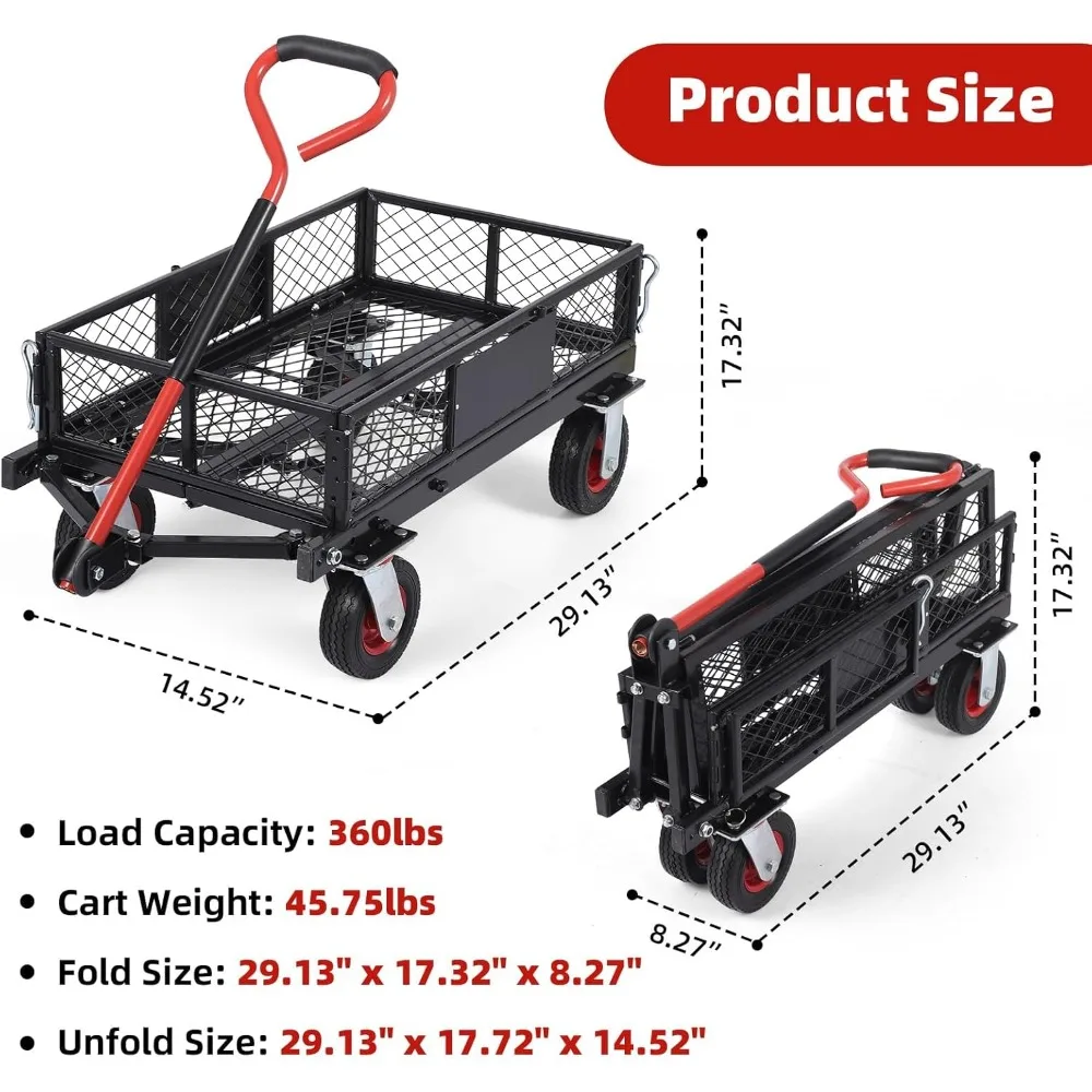 Carrinho de jardim dobrável resistente de 360 libras - vagão utilitário de aço com alça giratória e lados removíveis para trabalho em quintal