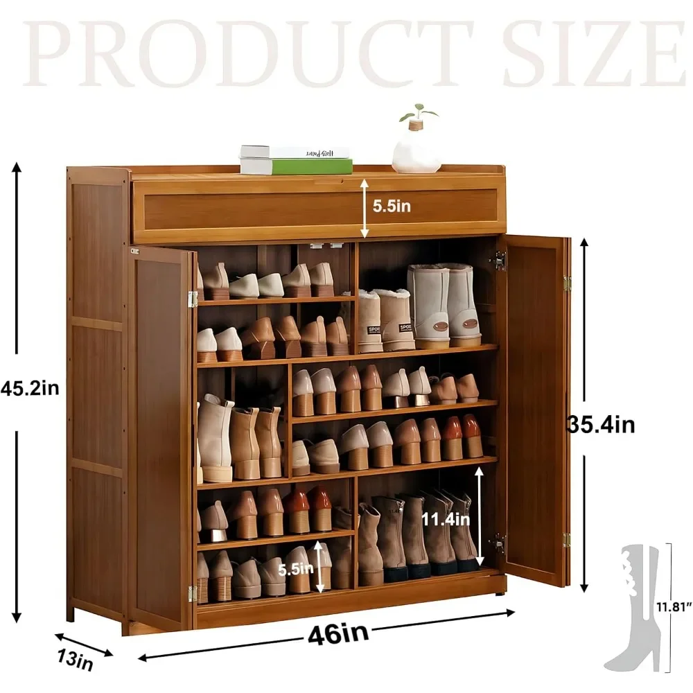 Large bamboo shoe cabinet with door, 36-40 pairs shoe cabinet, high shoe cabinet with drawers in the hallway living room