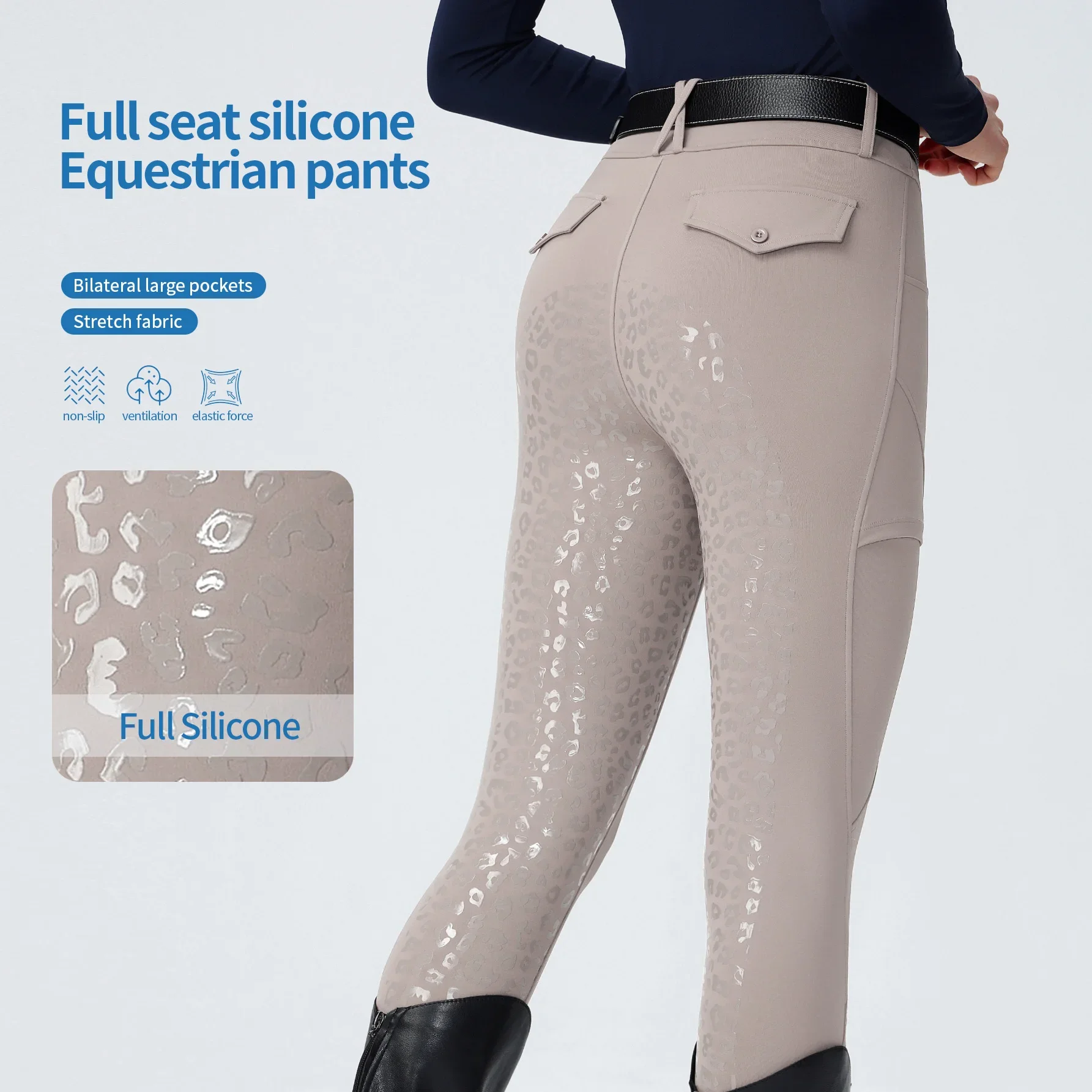 Women Leopard Print Full Seat Silicone Equestrian Breeches High Waist Tight Breathable Pockets Grip Durable Outdoor Competition