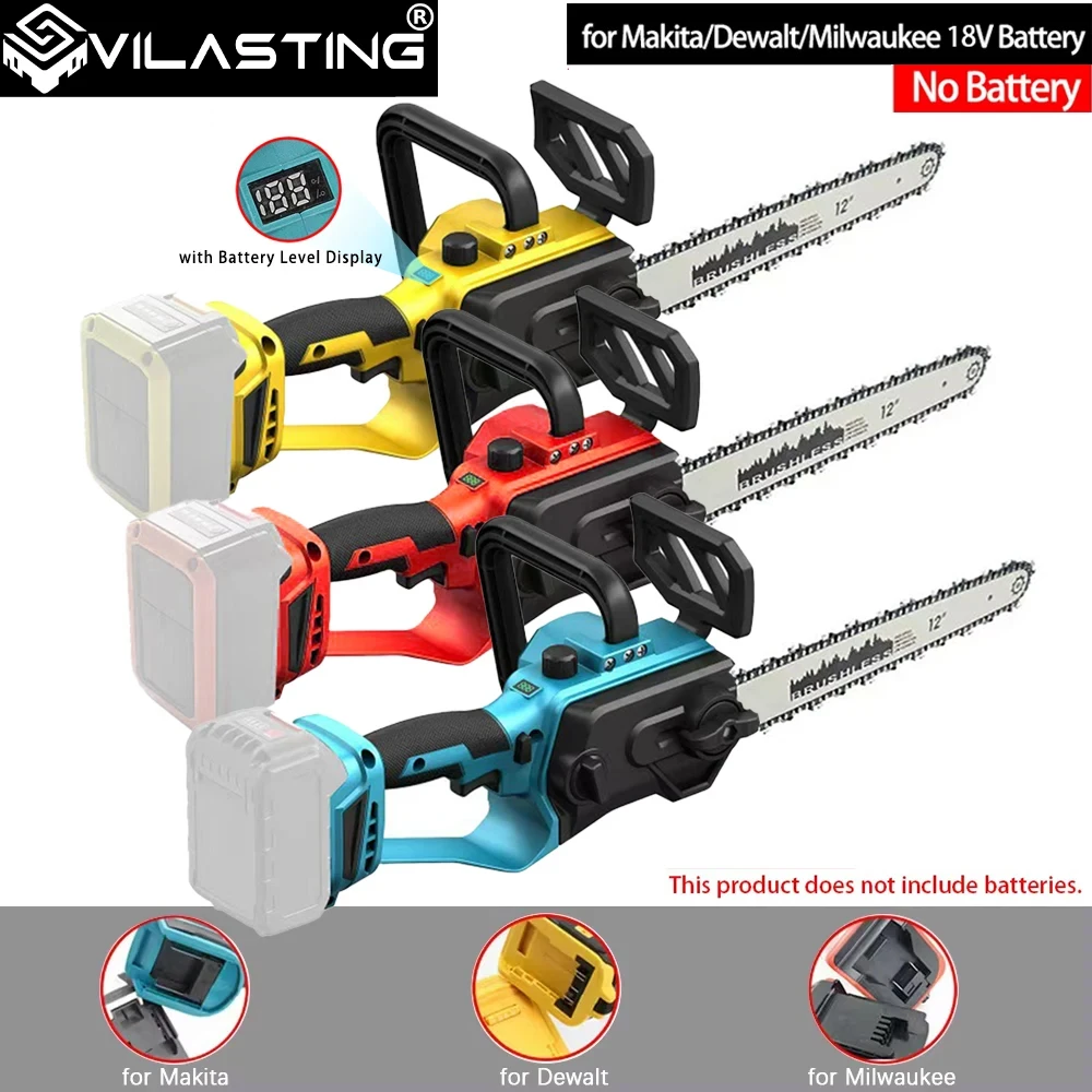 VILASTING 12IN Brushless GardenTrimming Electric Chain Saw 600W Cordless Wood Cutting For Makita/Dewalt/Milwaukee 18V BatteryPin