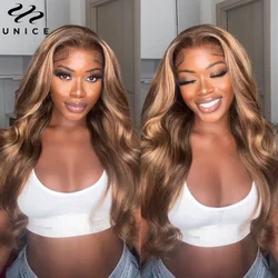 UNice Hair TL412 Brown Blonde Highlight Body Wave Human Hair Wig 7x5 & 13x4 Pre Cut Pre Bleached Glueless Wig 150% Density