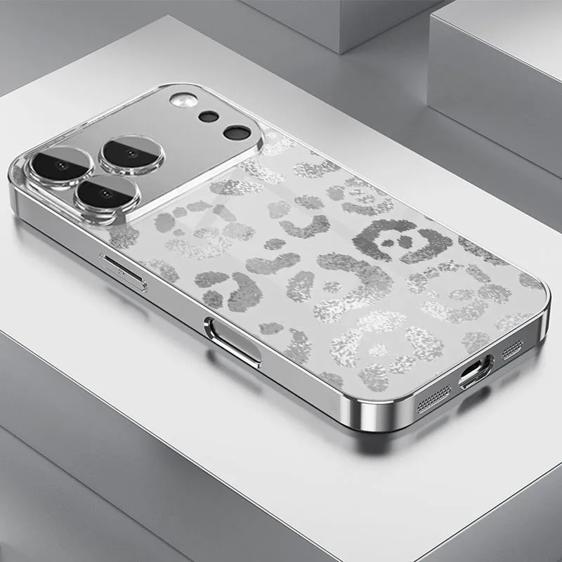 

Grey Leopard Print Electroplate Silver Phone Case For Samsung Galaxy S26 S25 S24 S23 Ultra Plus FE Tempered Glass Cover