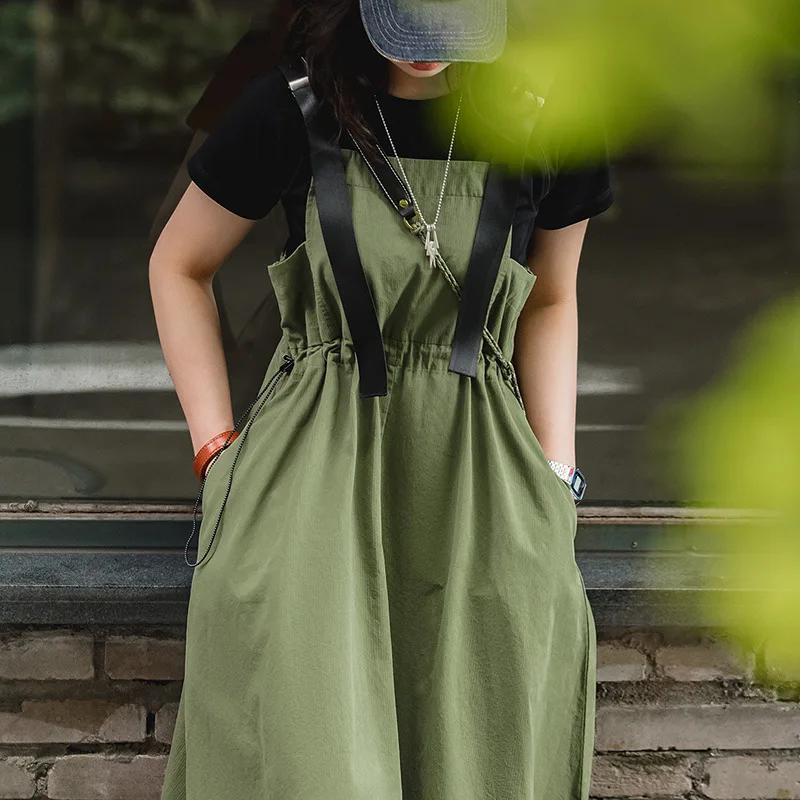 Maden Green Strap Dress for Women Suspender Long Skirt Adjustable Loose Vintage Style Cargo Sleeveless Dress Casual Wear