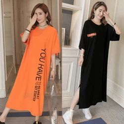 Loose Casual Women's Base Shirt Short Sleeve T-Shirt Long Knee-Length Korean Style Dress Summer Comfortable plus Size Dress