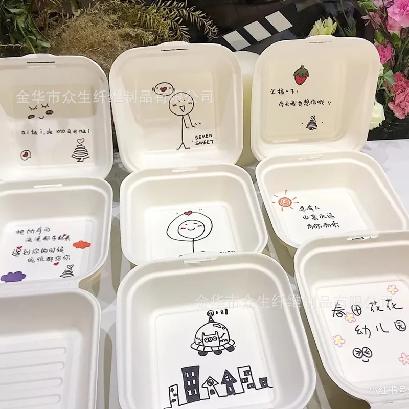 Customized. Sugarcane Pulp Disposable to-Go Box Pulp Lunch Boxes 6-Inch Hamburger Box Take-out Bento Packaging Cake Box Heating