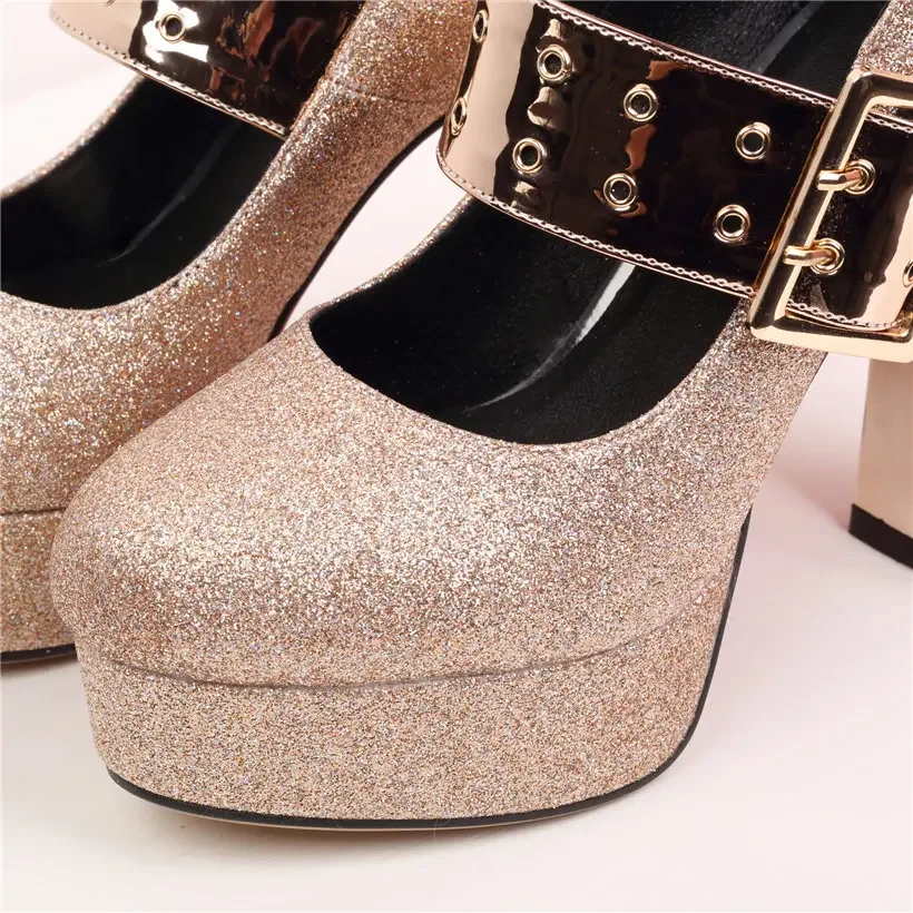 Eleganckie srebrne złote błyszczące Mary Jane Chunky High Block Heels Women Pumps Round Toe Glitter PU Sexy Buckle Office Party Lady Shoes