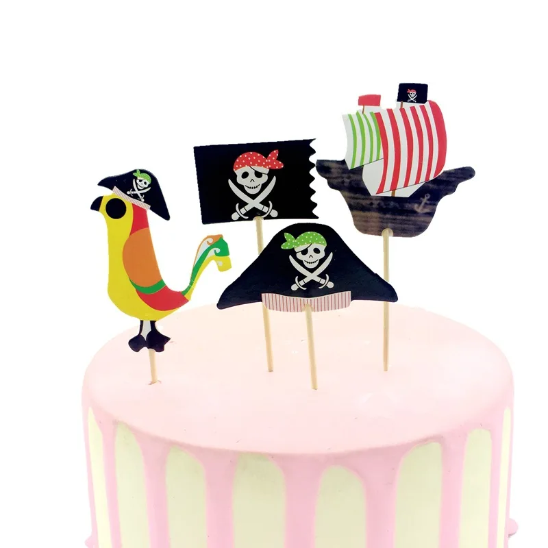 24pcs Cartoon Pirate Theme Cake Toppers Ornamnets Cupcake Flags Cake Decorating for Halloween Party Birthday Party Decorations