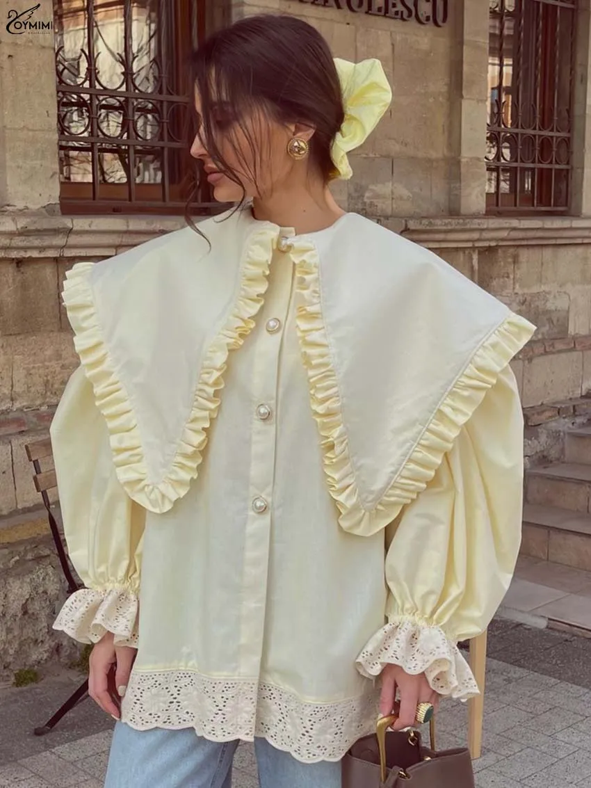 Oymimi Fashion Blusa de Mujer Amarillo Claro Elegante de Algodón con Cuello Peter Pan, Manga Larga, Botones y Encaje, Blusa Holgada para Otoño
