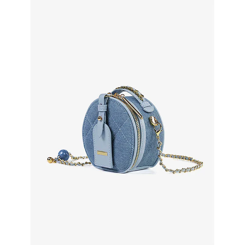 Denim Retro Unisex Blue Rhombic Lattice Golden Ball Handbag Shoulder Crossbody Bag Round Chain Mini Jean Female Purse