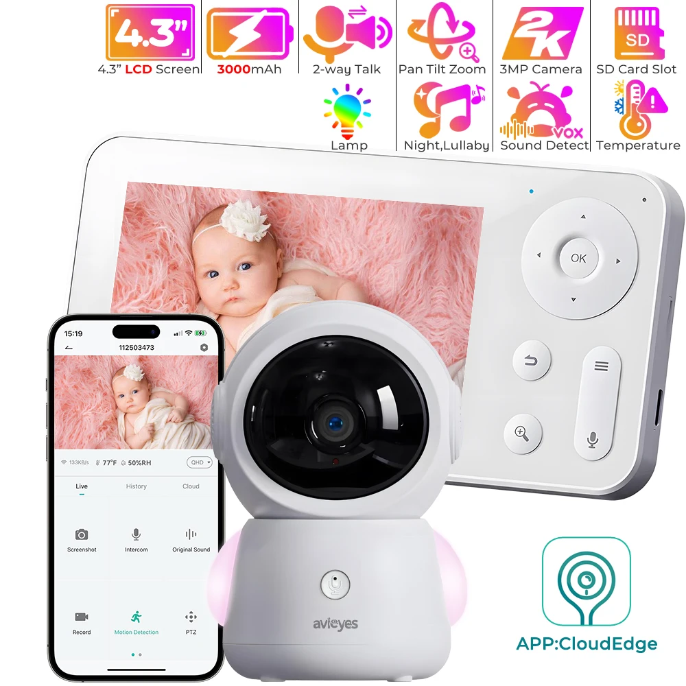 Video Baby Monitor,2K UHD WiFi Baby Camera,Night Vision,4.3” Smart Baby Phone with App Control,Motion and Cry Detect,AI Tracking