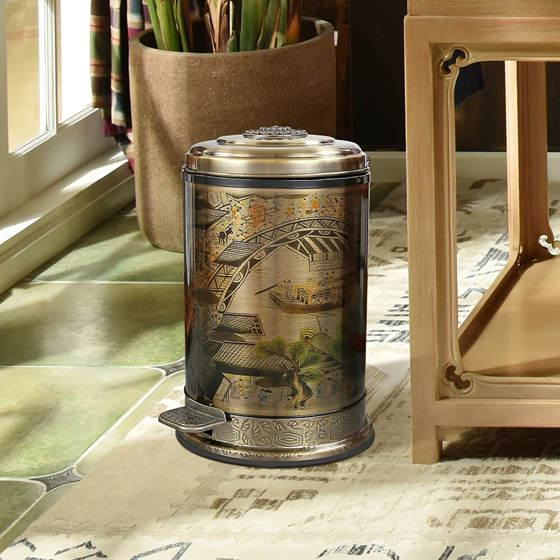 Chinese-inspired Vintage-style Waste Bin with Lid for Home Use Premium Luxury Design Prullenbak Keuken Household Merchandises