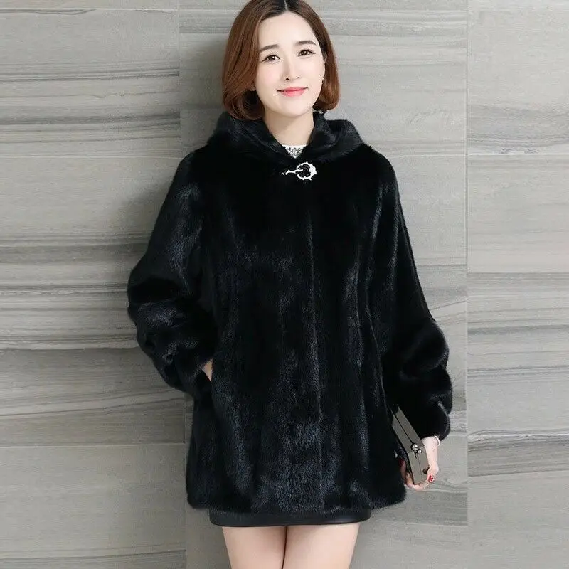 NEW Autumn Winter Women Faux Fur Coat Mid-length Hooded Imitation Mink Velvet Coat Loose Size Thicken Warm Female Fur Jacket 4XL