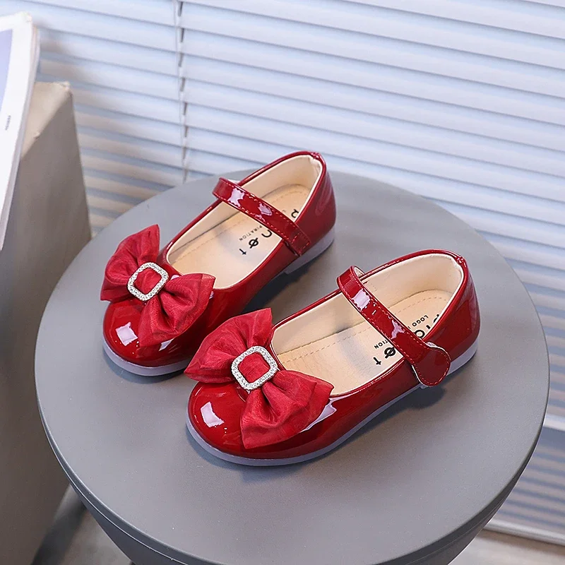 Girls Flats with Big Bows Kids Princess Shoes Round Toes Versatile 2025 Autumn New Children Casual Leather Shoes Korean Style