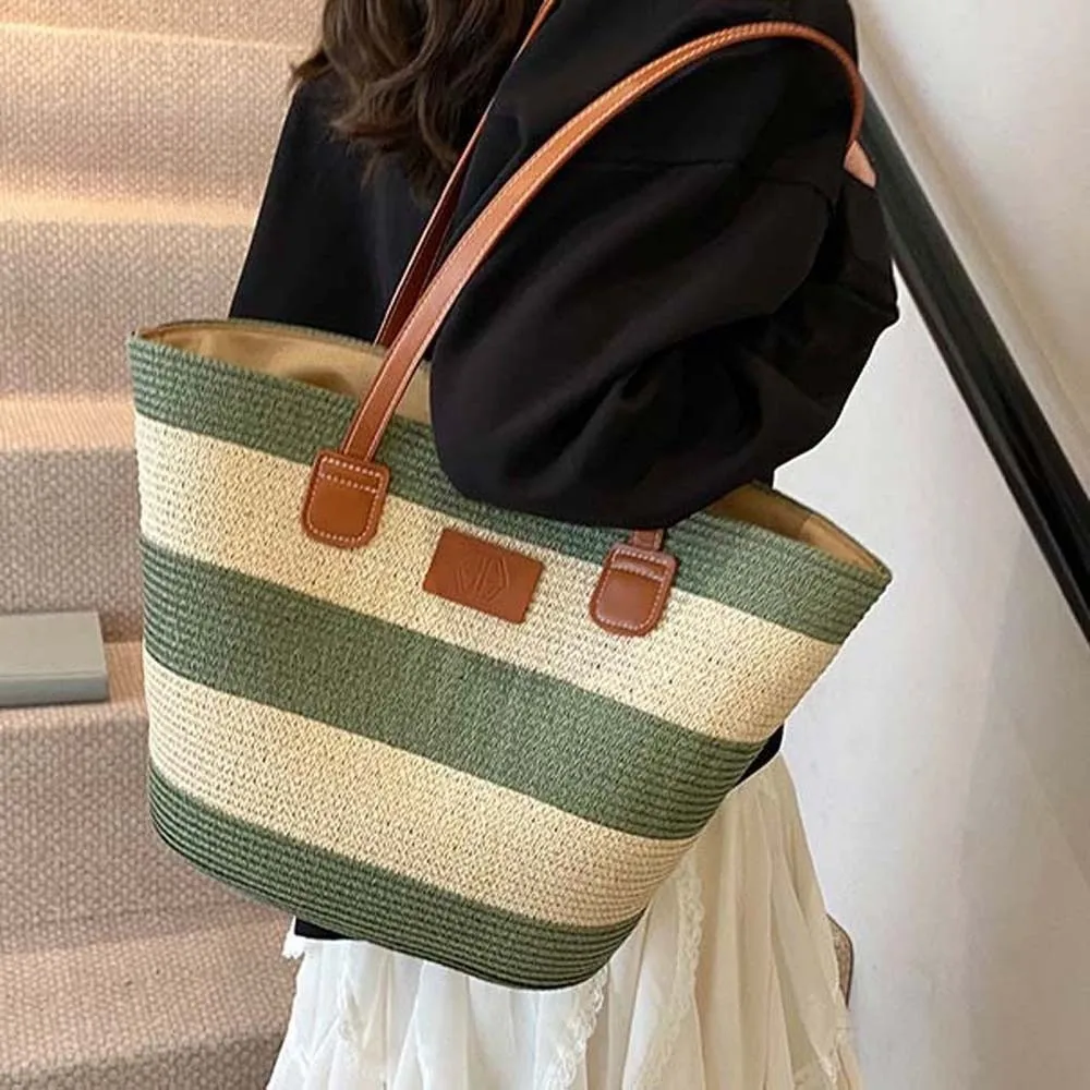 

Large Capacity Stripe Woven Tote Bag Polyester Lightweight Shopping Straw Bag Leather Underarm Pouch Summer Beach Handbag Female