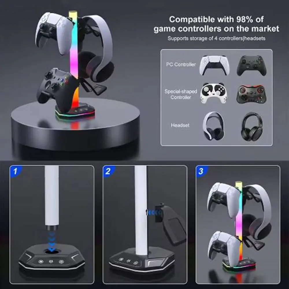 Black RGB Earphone Hanger LED Lighting Dual USB Ports Gaming Headset Display Rack Data Transmission Desktop Display Holder