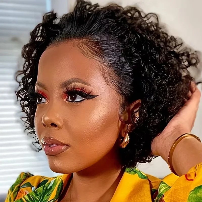 

Глубокая волна короткие вьющиеся стрижки пикси Remy человеческие волосы 13x4 прозрачный кружевной фронтальный парик для женщин