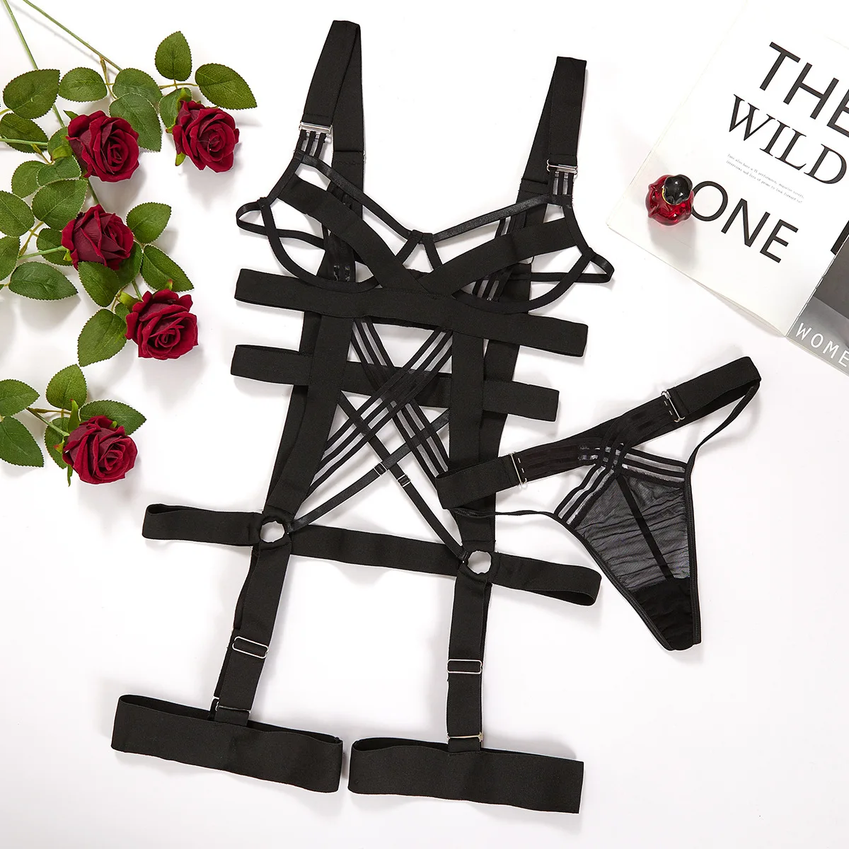 

Sexy Bandage Lingerie Set complex straps Hollow Out place splicing Uncensored Intimate Underwear with Garter Belt Erotic suit