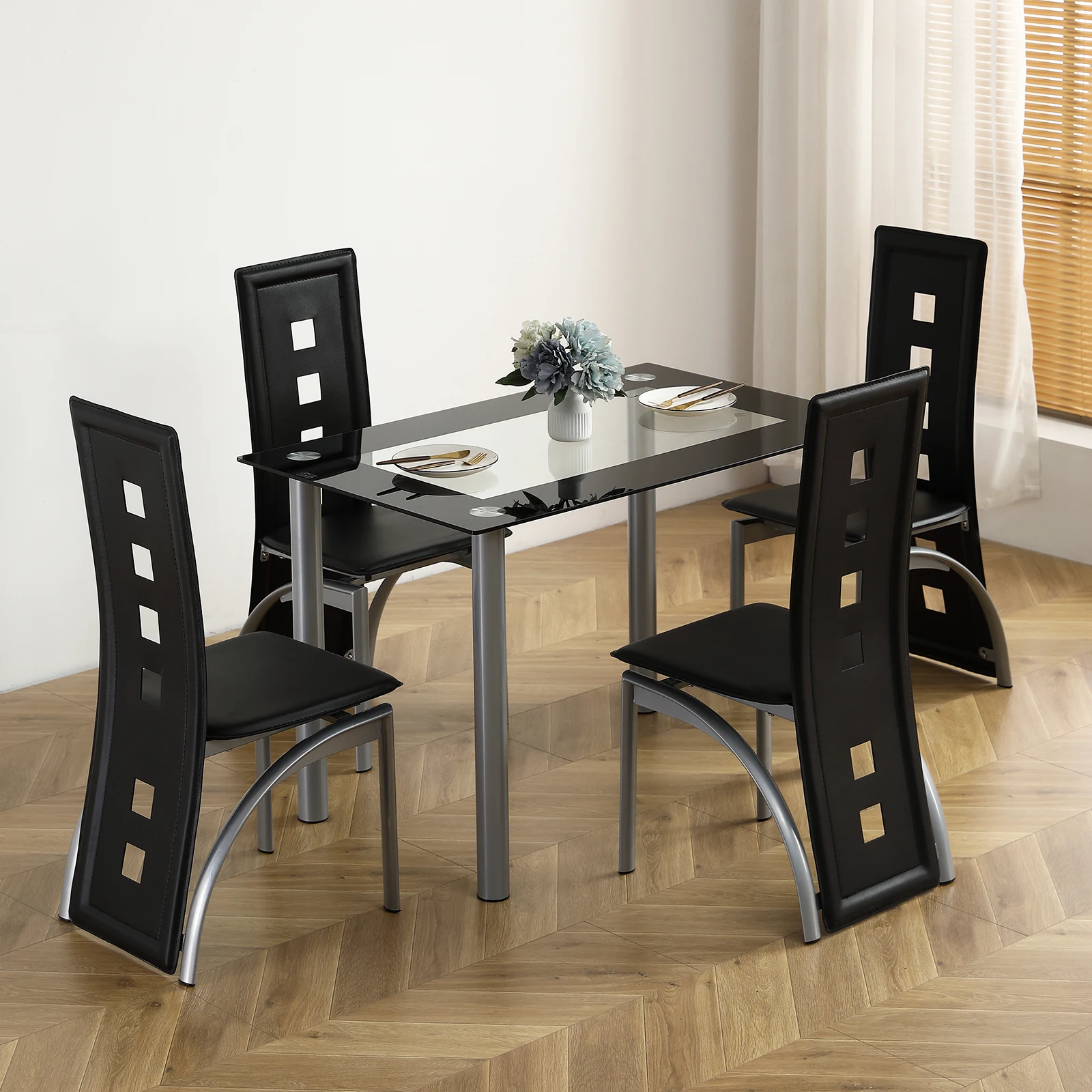 [Flash Sale]5 Pieces Dining Table Set for 4, Kitchen Room Tempered Glass Dining Table 4 Black Chairs Silvery Table Legs[US-W]