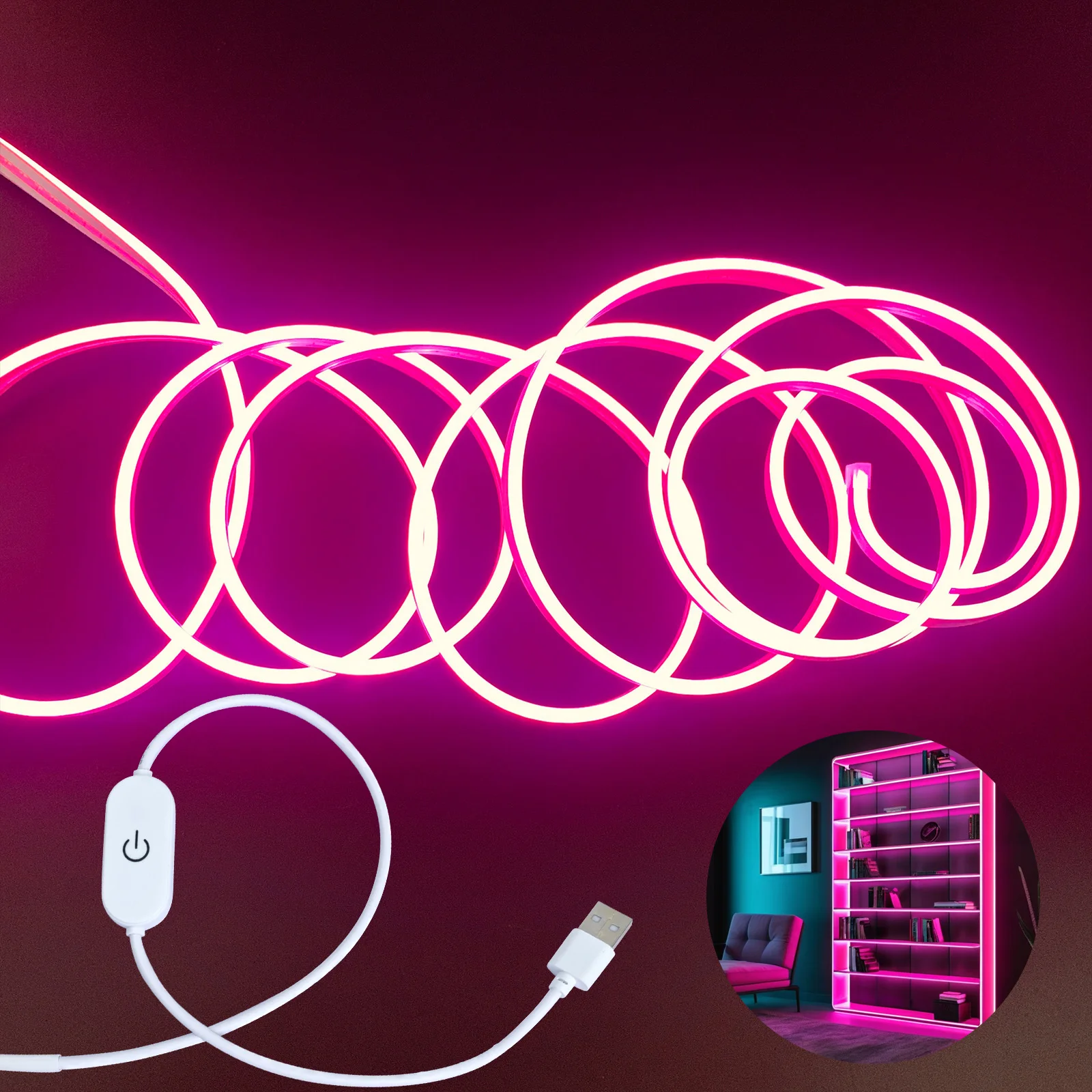 1-5m/39.3-196.8inch Led Pink Elastyczna neonowa listwa świetlna, niskonapięciowy zasilacz USB 5v, sterowanie dotykowe, zewnętrzne wewnętrzne