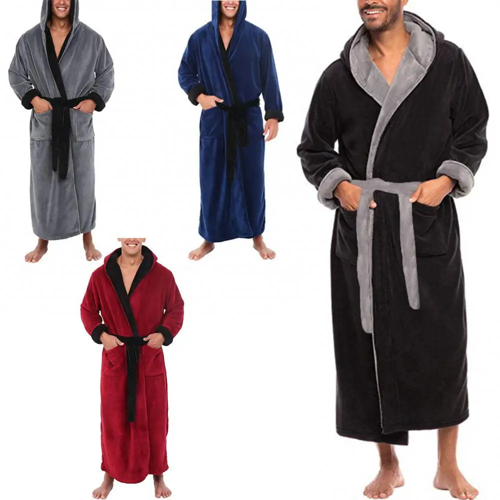 Sleepwear Soft Pockets Men Coral Fleece Color Block Long Bath Robe Home Gown Sleepwear