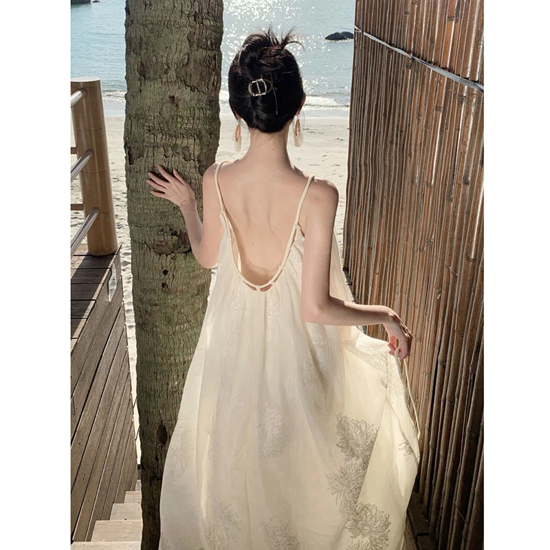 

New Arrival Beach Style Summer Women Casual Loose Sleeveless Embroidery Ankle-length Dress Spaghetti Strap Camisole Dresses T72