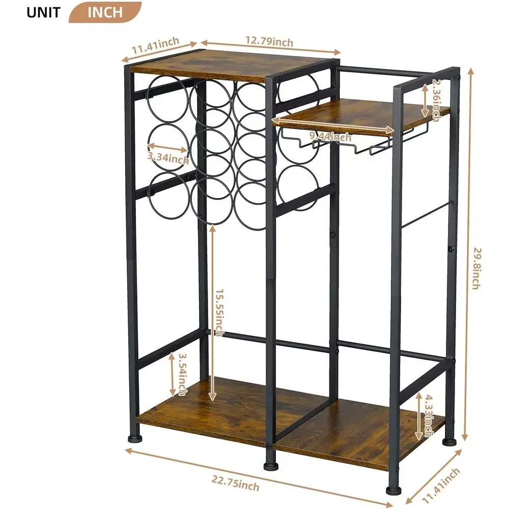 9-Bottle Capacity Home Bar Cabinet, Freestanding Wine Rack with Glass Holder and Fences, Large Corner Liquor Display