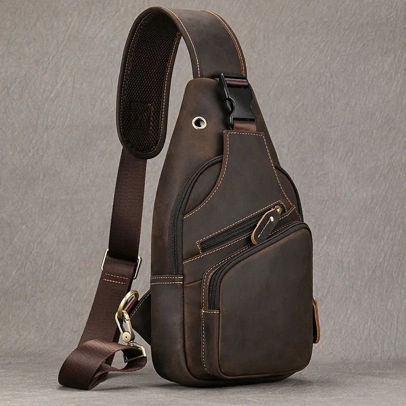 Couro genuíno couro couro crossbody, saco de peito masculino, saco mensageiro masculino, saco casual ao ar livre do Sling, de alta qualidade, negócio