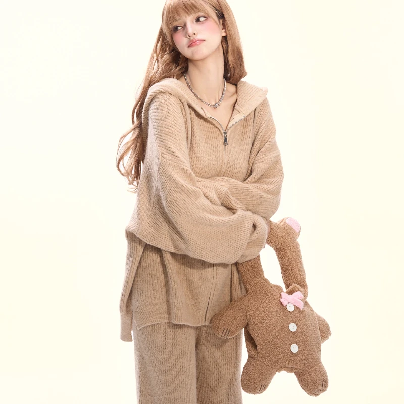 2025 Autumn New Khaki Hooded Zipper Women's Knitted Sweater Korean Retro Design Loose Slimming Wide-Leg Long Pants Set Ladies