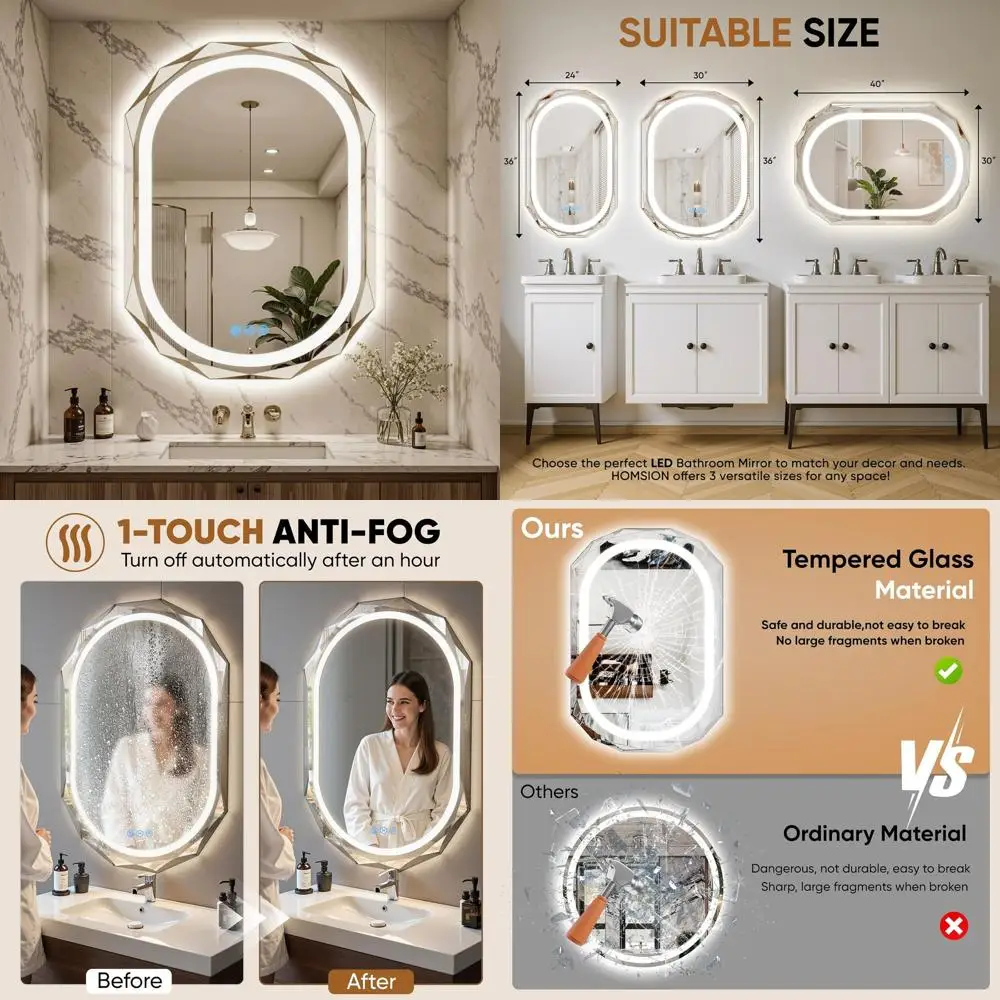 

40-дюймовое овальное зеркало для ванной с LED-подсветкой, скошенным краем, регулируемой яркостью, 3 вариантами цвета, функцией памяти, из закаленного стекла