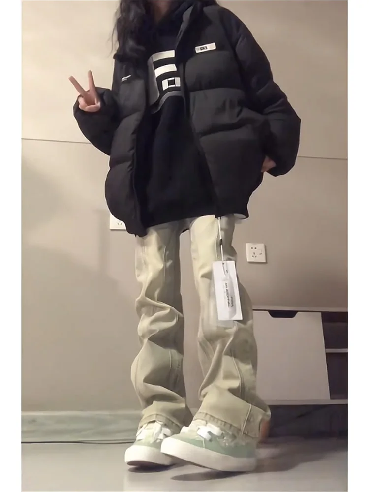 

Американские джинсы High Street в стиле пэчворк из глины с прямыми штанинами, женские осенне-зимние модные свободные широкие брюки в стиле ретро с микро-расклешенными брюками...