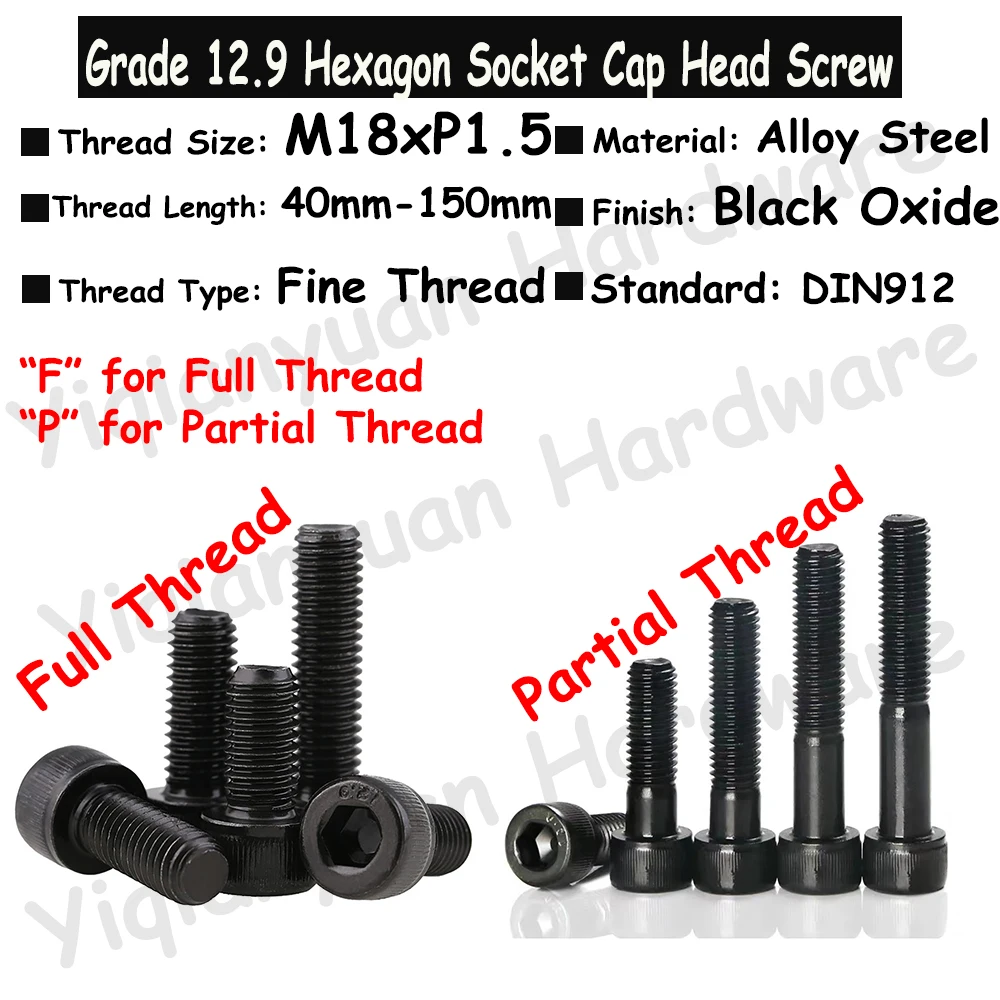 

1Piece~2Pcs DIN912 M18xP1.5 Fine Pitch Thread Grade 12.9 Alloy Steel Hexagon Socket Knurled Cap Head Screw Allen Key Bolts