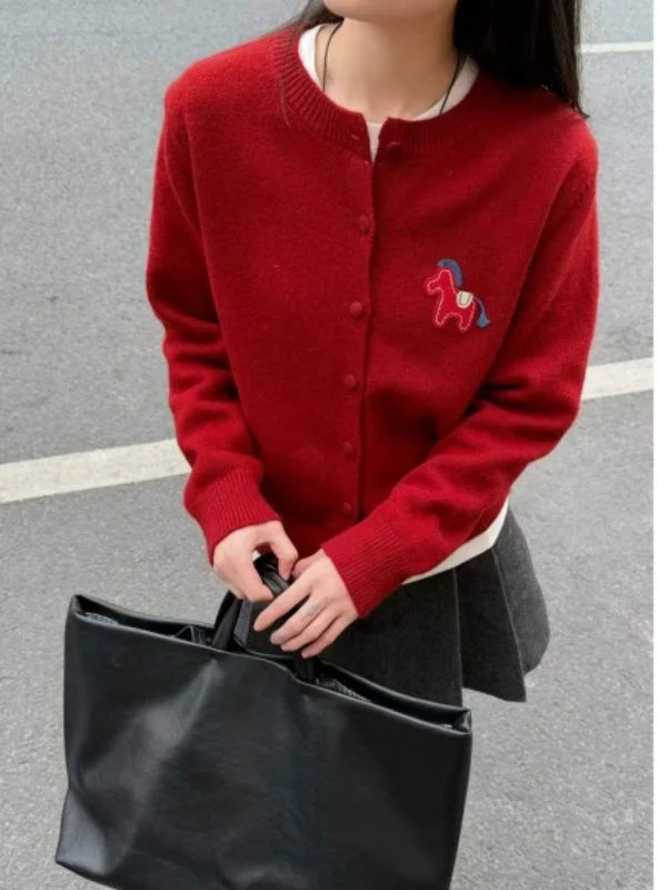 Vermelho ano novo longo sve malha aberta cardigan bordado thiened inverno outerwear feminino preguiçoso high-end sentimento topo