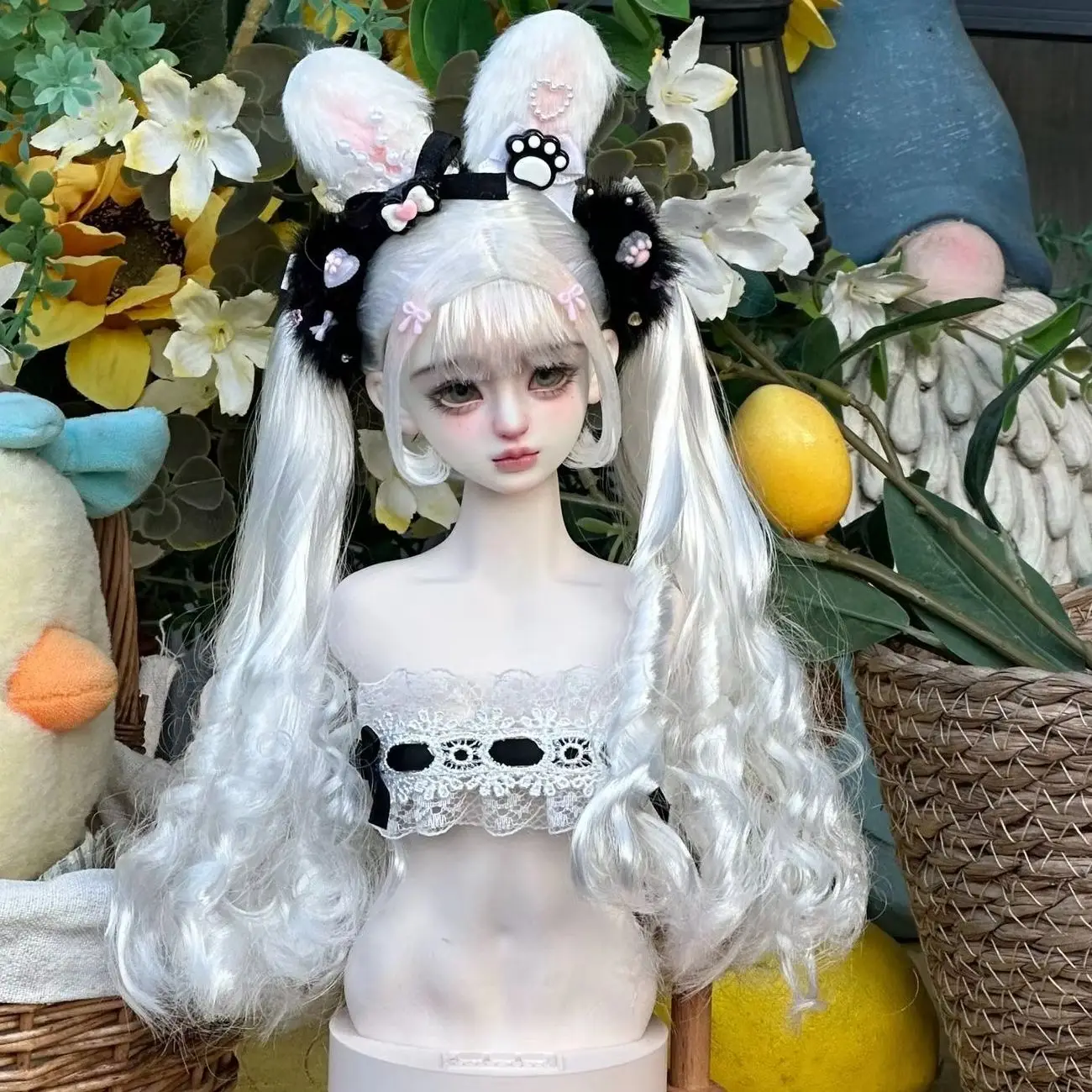 

Wigs doll accessories 1/3 1/4 1/6 BJD doll wig, doll hair white double ponytail, rabbit ears accessories wig free shipping