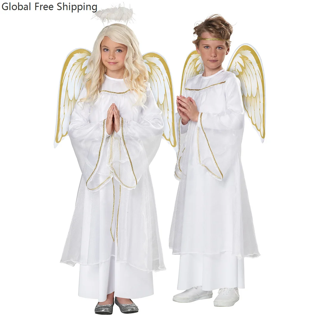 

Girls Angel Cosplay Dress Set Boys Halloween Carnival Party Children Printed Wings White Angel Stage Performance Robe Costume