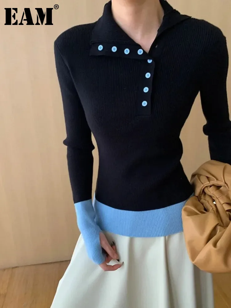 [EAM] Black Blue Color-block Button Knitting Sweater Lapel Long Sleeve Women Pullovers New Fashion Spring Autumn 2024 1DH8685