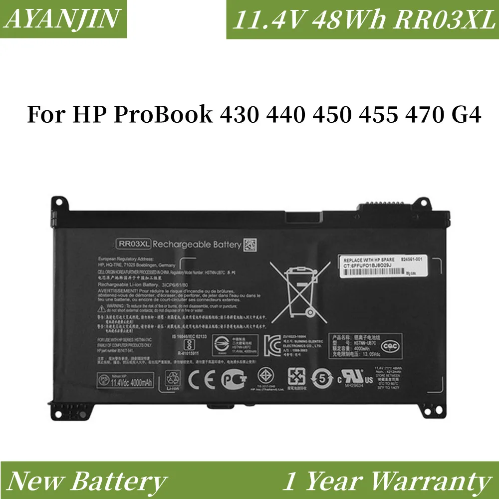 RR03XL Battery For HP ProBook 430 440 450 455 470 G4 G5 Series HSTNN-PB6W HSTNN-UB7C HSTNN-LB71 851477-832 11.4V 48WH