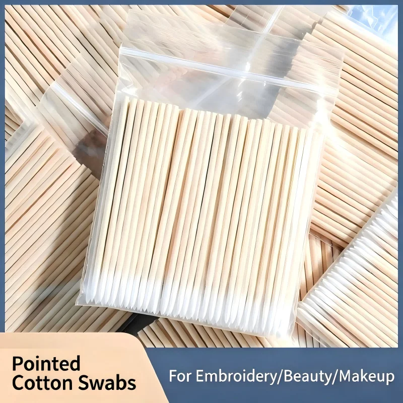 100300/500pcs Disposable embroidery pointed cotton swab thin pointed wooden single head stick eyeliner sanitary cotton swab