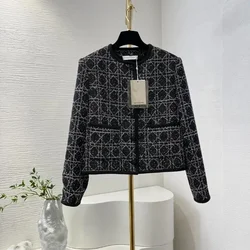 Black Pocket Round Neck Grid Elegant Office Lady New Fashion 2024 Atutumn Winter High Quality Long Sleeve Tweed Jacket