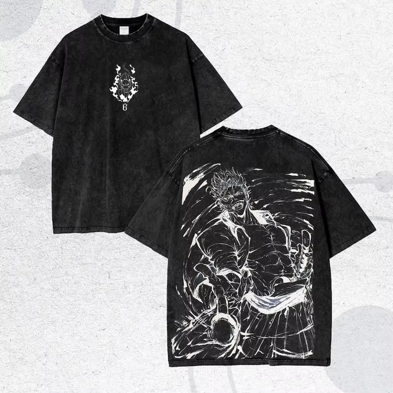 Bleach Ichigo Kurosaki Ink Sketch Japanese Kanji Double Sided Vintage Washed Anime Graphic T-Shirt Unisex Tops