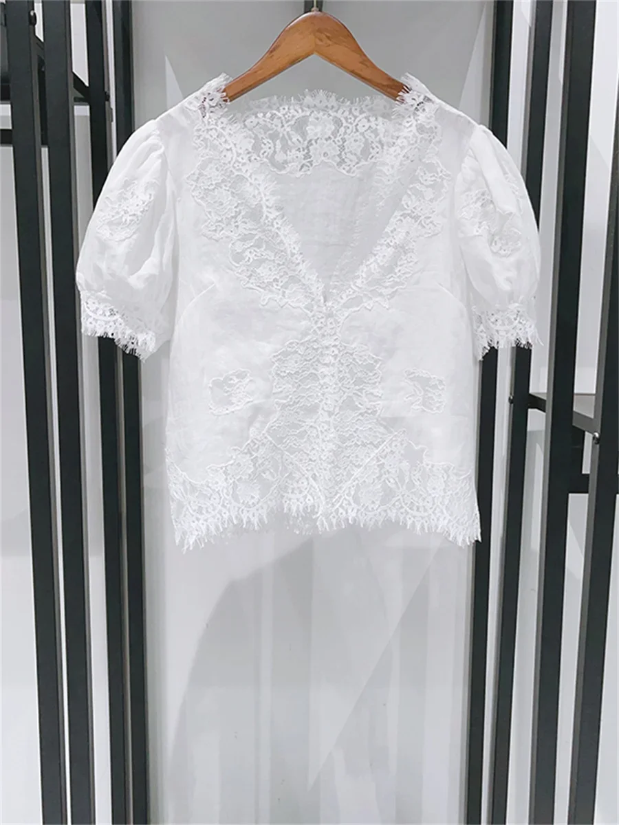 Women's White or Black Shirt Puff Sleeve Single Breasted Lace V-Neck Shirt Tops Summer