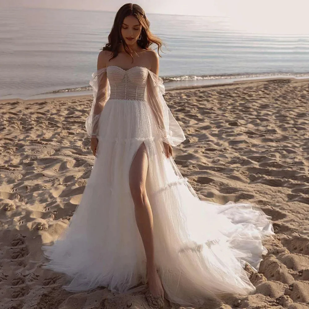 

Beach Off the Shoulder Tulle Long Puff Sleeve Wedding Dress for Women A-line Court Wedding Gown with Split vestidos de novia