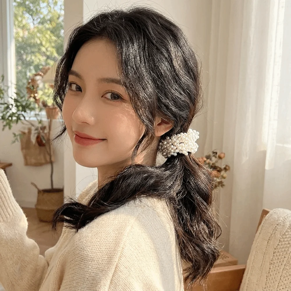 New Sweet Faux Pearl Hair Ties Hand-Woven 2 in 1 Elastic Hair Rope Elegant Bracelet Hair Accessories Party