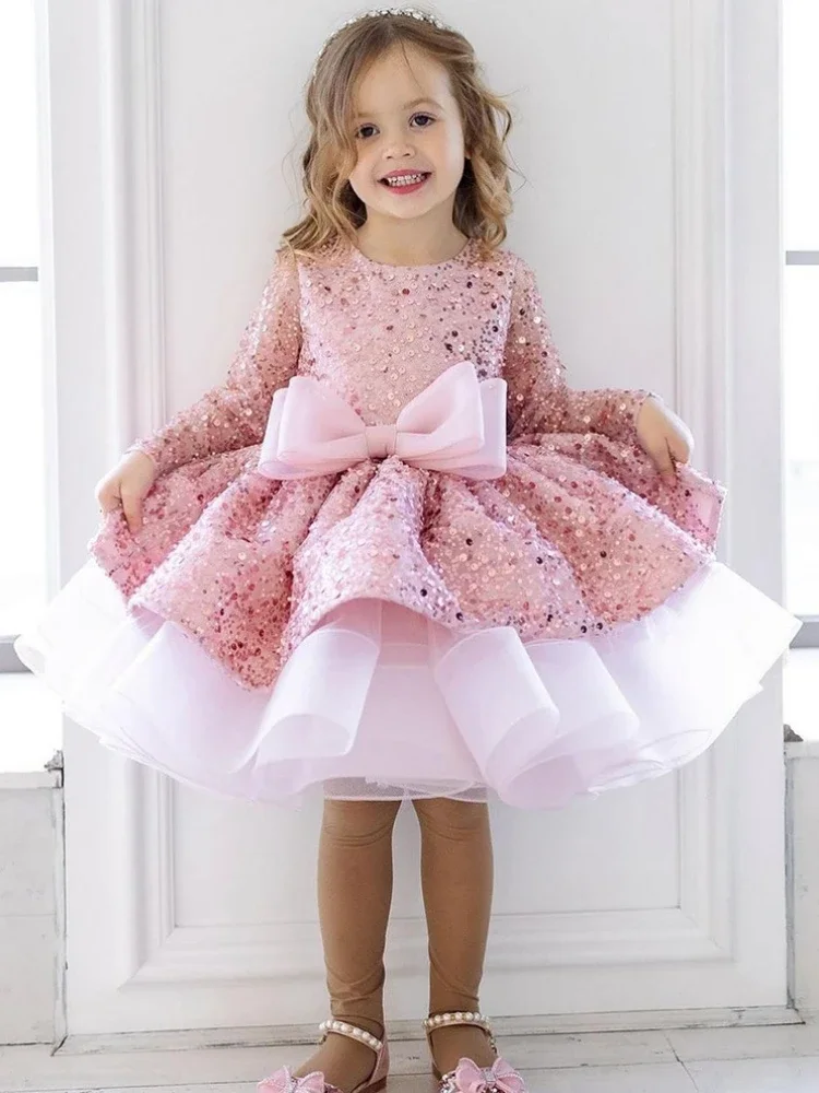 Vestido de tule rosa para meninas, manga comprida, com arco, para casamento, aniversário, banquete, vestidos de primeira comunhão