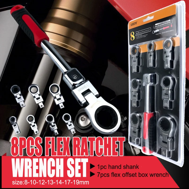 8-piece Tipping Head Ratchet Wrench Bobblehead Hand 180° Rotary Wrench Portable Tool Set