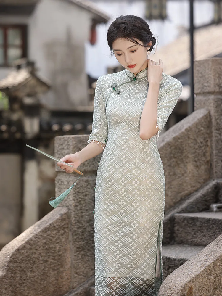 Sexy Beaded Tassel Seven Points Sleeves Embroidery Chiffon Daily Qipao Dress Mandarin Collar Lace Chinese Cheongsam