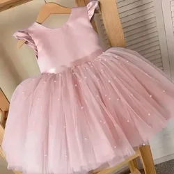 Pink Flower Girl Dresses Cute Bow Short Sleeve Princess Dresses for Formal Wedding Kid Birthday Party Banquet Elegant Girls Gown