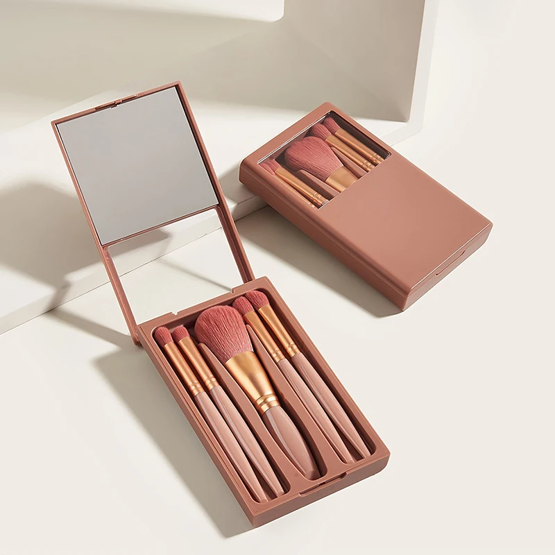 5pcs Mini Make-up Brushes with Mirror Travel Set Soft Hair Loose Powder Brush Eye Shadow Brush Portable Set